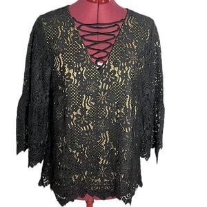 entro black lace scalloped lace-up blouse size small